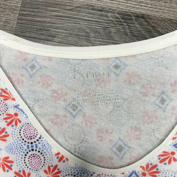 TALBOTS | sz S Women's White/Blue/Orange Medallion Short Sleeve Chiffon Hem Tee - Picture 3 of 6